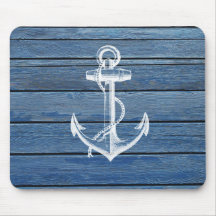 White Anchor And Vintage Blue Wood Mouse Pad