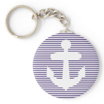 White Anchor with Navy Blue Breton Stripes Key Chain