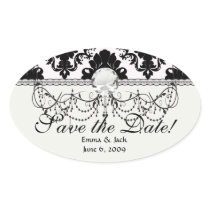 white and black romantic damask design oval sticker