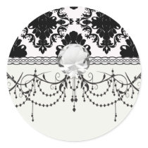 white and black romantic damask design round sticker