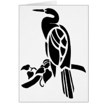 White and black vector art, birds: heron in tree card
