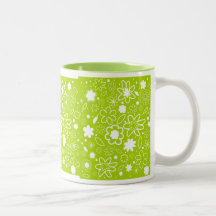 White and Lime Green Floral Pattern Mugs