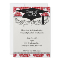 white and red romance damask pattern graduation invitation
