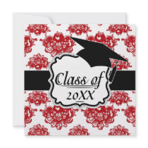 white and red romance damask pattern graduation personalized invites