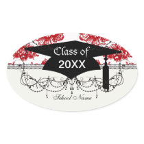 white and red romance damask pattern graduation oval sticker