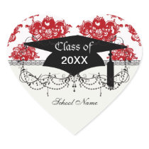 white and red romance damask pattern graduation heart sticker