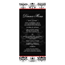 White & Black Damask Red Accent Slim Dinner Menu Full Color Rack Card