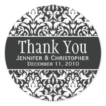 White & Black Damask Round Wedding Labels