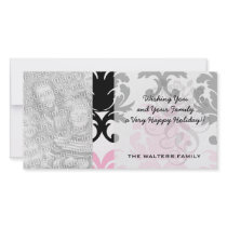 white black pink lovely bold damask custom photo card