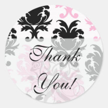 white black pink lovely bold damask round sticker