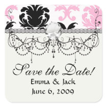 white black pink lovely bold damask square sticker