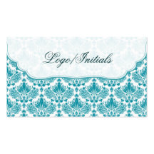White & Blue Elegant Retro Floral Damask Business Card Templates