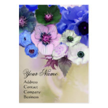 WHITE BLUE ROSES AND ANEMONE FLOWERS MONOGRAM BUSINESS CARD TEMPLATES
