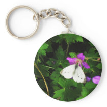 White Butterfly on Purple Flowers Keychain