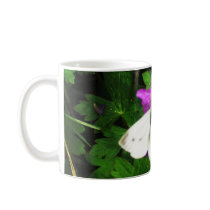 White Butterfly on Purple Flowers Mugs