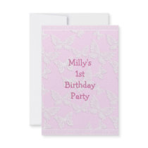 White Butterfly Pretty Pink 1st Birthday Party Custom Invites