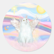 White Cat Angel in Clouds Round Stickers