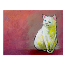 White cat art fun painting Whitey sitting pretty Postcard