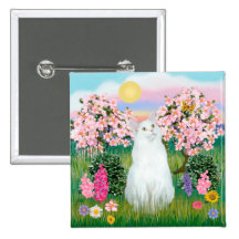 White Cat - Blossoms Pinback Buttons