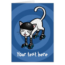 White cat on rollerskates customisable template cards