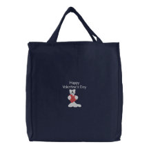White Cat with Red Heart Valentine Embroidery Embroidered Tote Bag