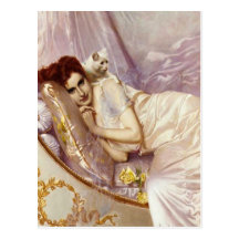 white cat woman lady white purple silk bed postcards