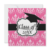 white chandelier chic pink damask graduation invites