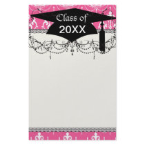 white chandelier chic pink damask graduation stationery paper