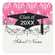 white chandelier chic pink damask graduation square stickers