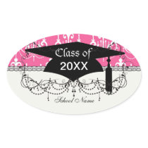 white chandelier chic pink damask graduation oval stickers