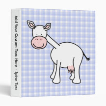 White Cow Cartoon. Blue gingham Background. Vinyl Binders