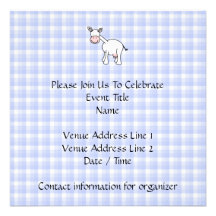 White Cow Cartoon. Blue gingham Background. Custom Invites