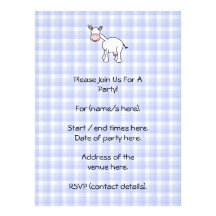 White Cow Cartoon. Blue gingham Background. Custom Invitations