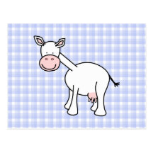 White Cow Cartoon. Blue gingham Background. Postcard