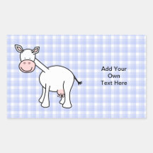 White Cow Cartoon. Blue gingham Background. Stickers