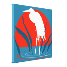 White Crane Wading in front of Red Sun Gallery Wrap Canvas
