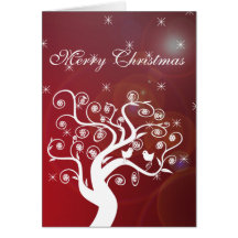 White Cute Birds Swirl Tree Glow Circles Xmas Card