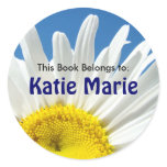 White Daisy Flower Book Tags Custom Name Round Sticker