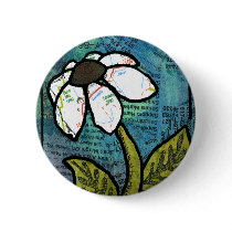 White Daisy on Blue Background - Collage Pinback Button