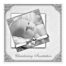 White Damask Girls Photo Christening Personalized Announcement
