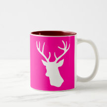 White Deer Head Silhouette - hot pink Coffee Mugs