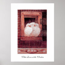 WHITE DOVES AT THE WINDOW, anique red pink Print