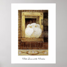 WHITE DOVES AT THE WINDOW,antique brown yellow Posters