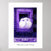 WHITE DOVES AT THE WINDOW, blue purple Print