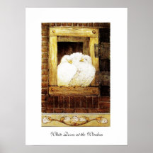 WHITE DOVES AT THE WINDOW, brown yellow Print