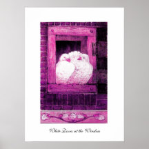 WHITE DOVES AT THE WINDOW, pink purple violet Posters
