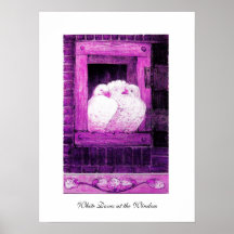 WHITE DOVES AT THE WINDOW, pink purple violet Posters