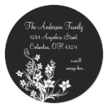 White Floral Design on Black Return Address Labels Round Stickers