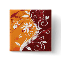 White Flowers on Orange and Burgundy Grunge Button