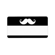 White gentleman handlebar moustache on black labels